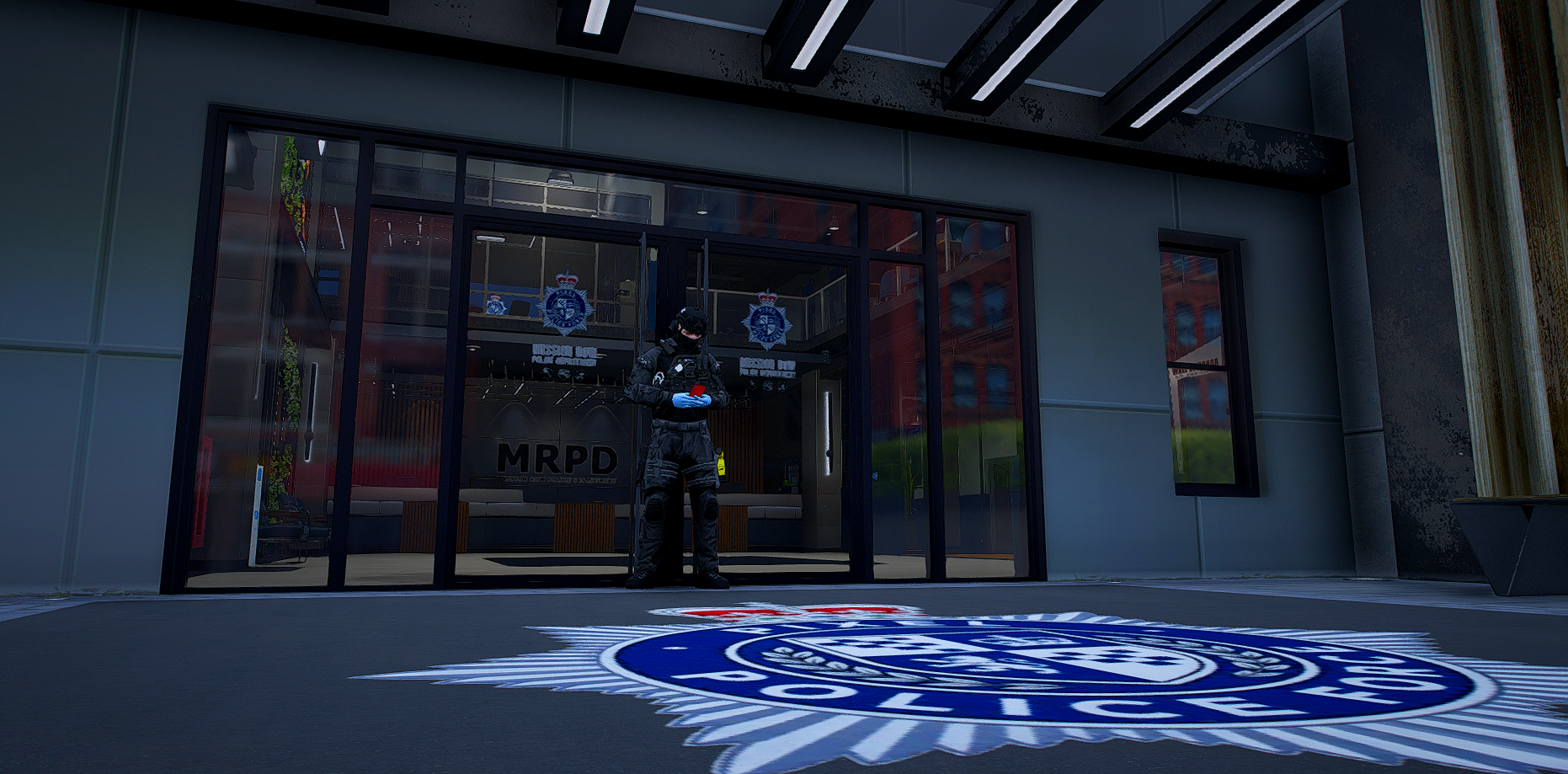 Pixel Police officer outside the police station